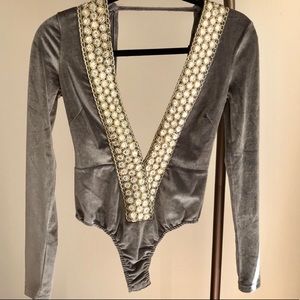 Gorgeous Velvet Deep V Bodysuit with Gold Embellishment. XS